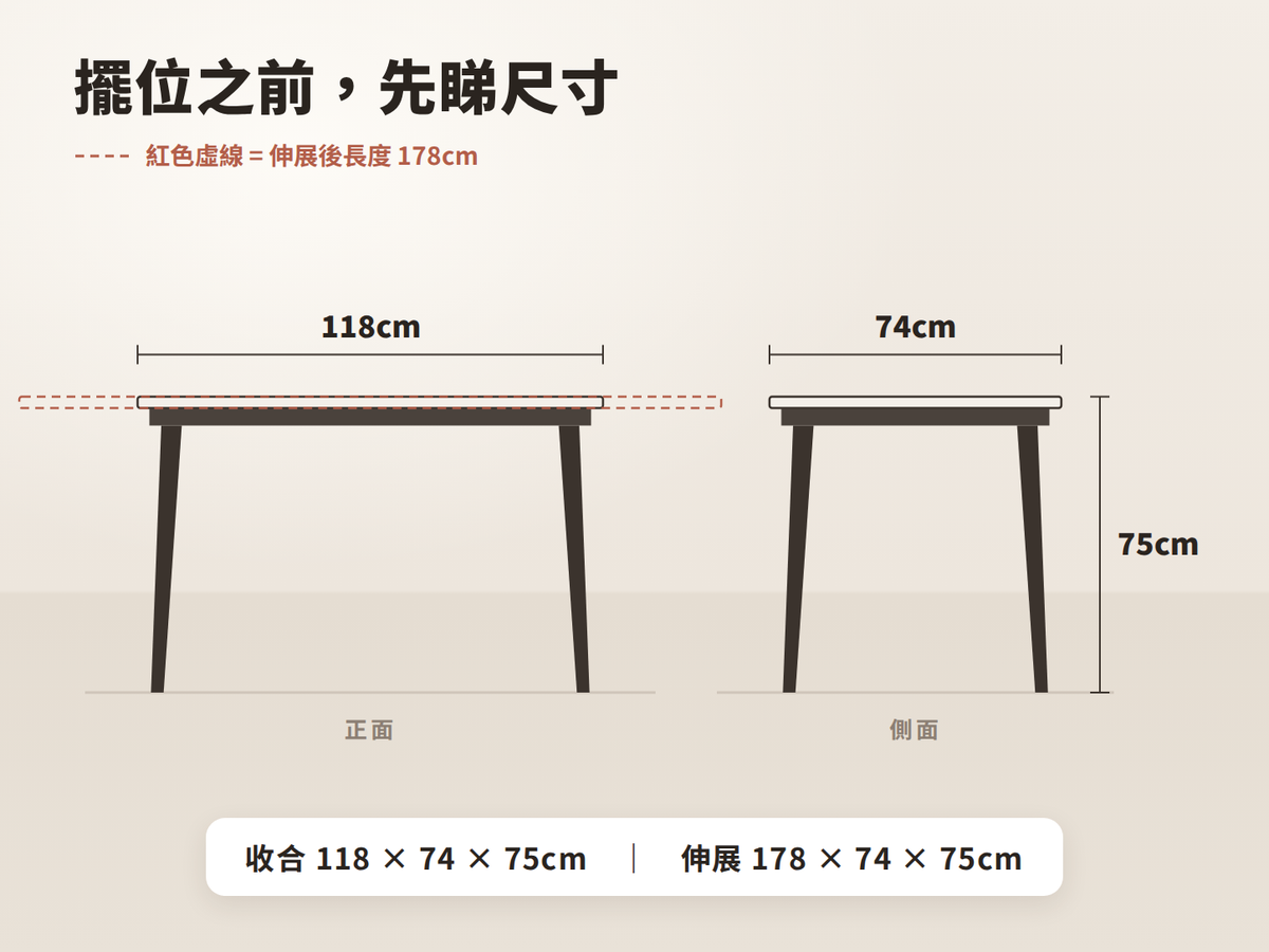 Bena 餐檯尺寸：收合 118 × 74 × 75cm，伸展 178 × 74 × 75cm