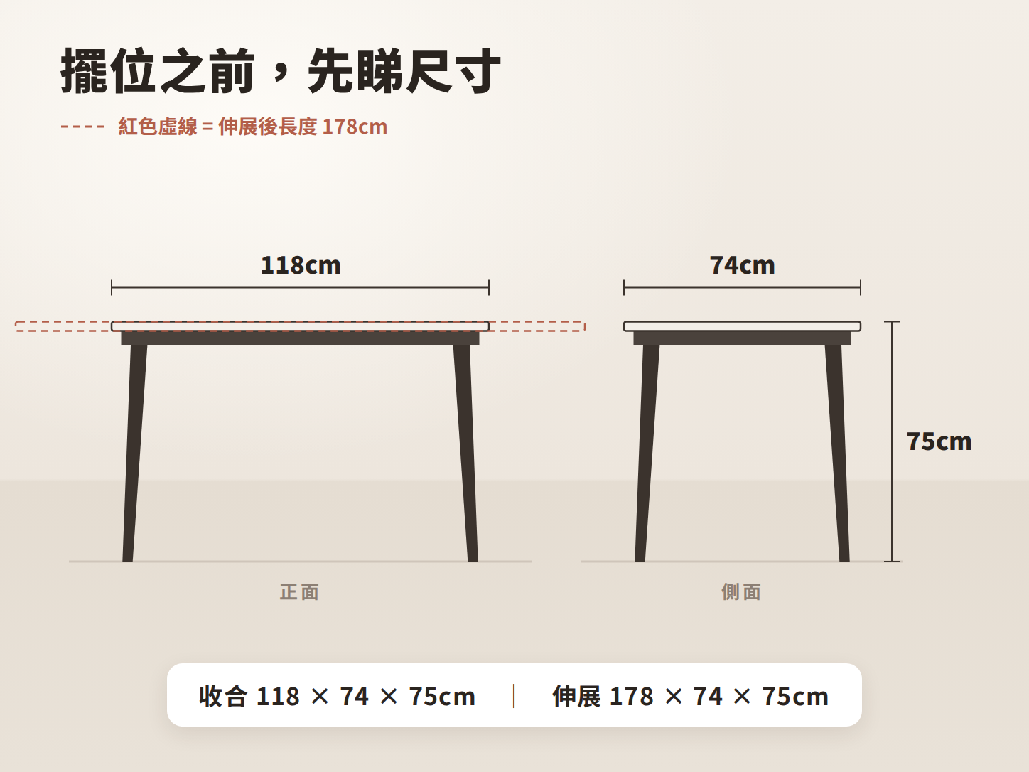Bena 餐檯尺寸：收合 118 × 74 × 75cm，伸展 178 × 74 × 75cm