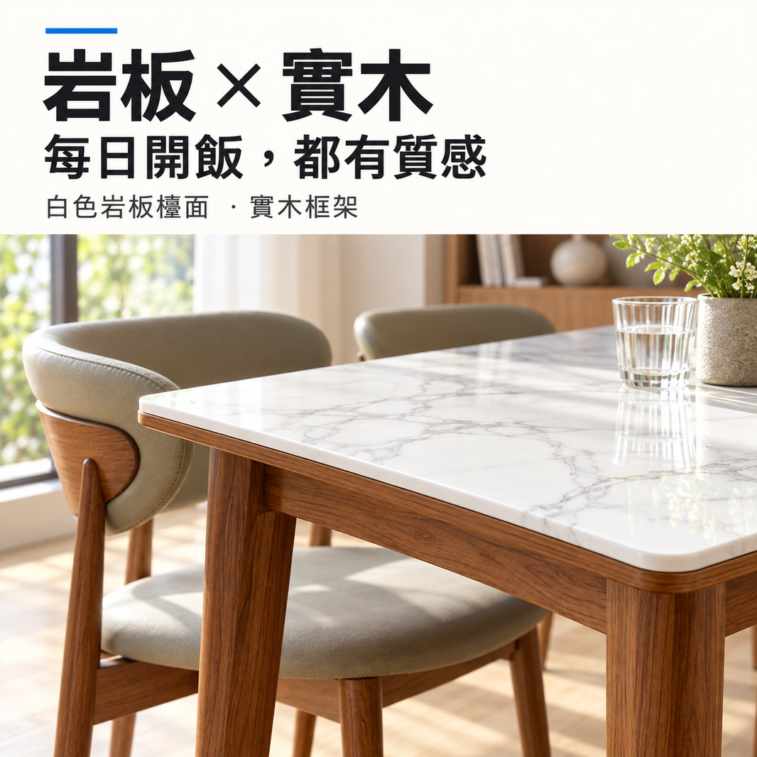 白色岩板實木伸縮餐枱 