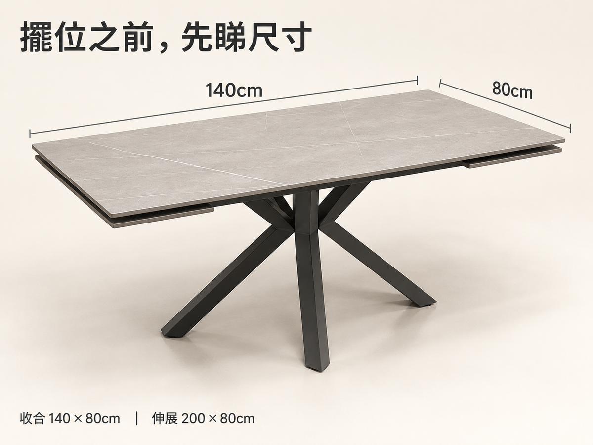 Ruber 餐檯尺寸：收合 140 × 80cm，伸展 200 × 80cm