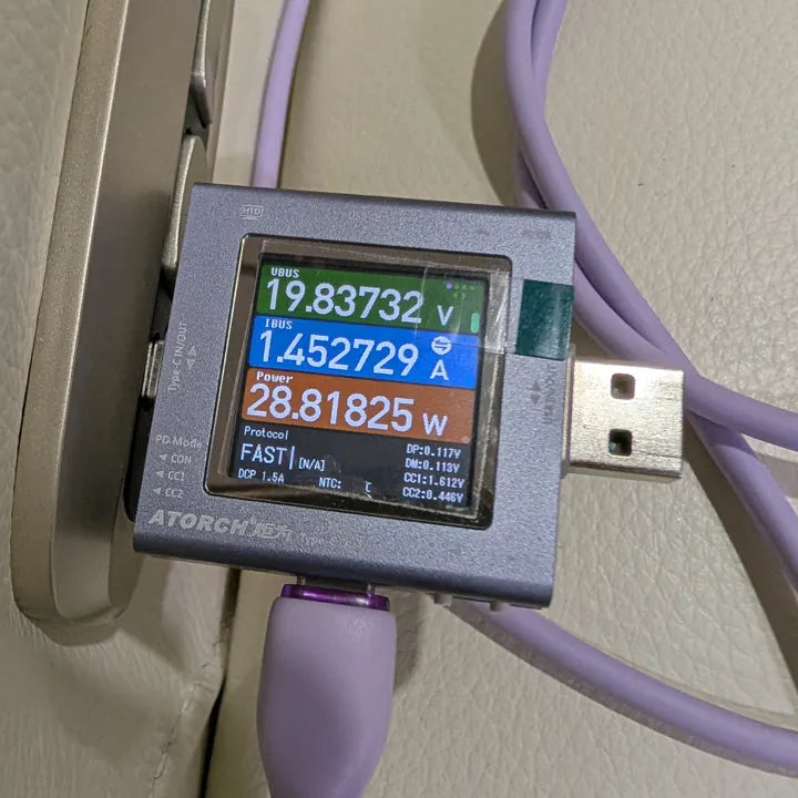 USB 功率計插喺 Italo Moda 電動梳化 USB-C 位，顯示 19.84V、1.45A、28.8W 快充